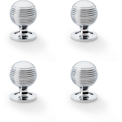 4 PACK - Reeded Ball Door Knob - 32mm Diameter Polished Chrome Lined Cupboard Pull Handle
