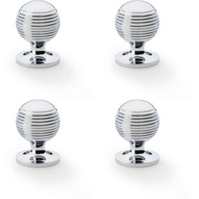 4 PACK - Reeded Ball Door Knob - 32mm Diameter Polished Chrome Lined Cupboard Pull Handle