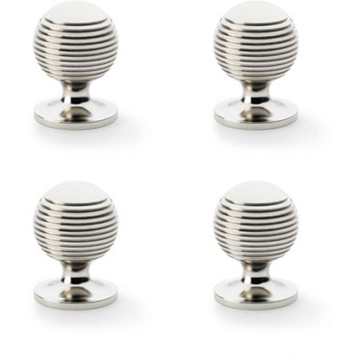 4 PACK - Reeded Ball Door Knob - 32mm Diameter Polished Nickel Lined Cupboard Pull Handle