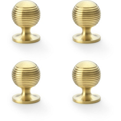 4 PACK - Reeded Ball Door Knob - 32mm Diameter Satin Brass Lined Cupboard Pull Handle