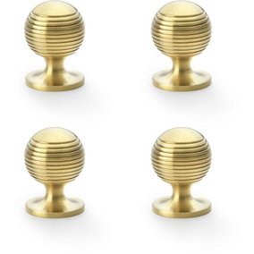 4 PACK - Reeded Ball Door Knob - 32mm Diameter Satin Brass Lined Cupboard Pull Handle