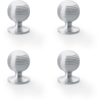 4 PACK - Reeded Ball Door Knob - 32mm Diameter Satin Chrome Lined Cupboard Pull Handle