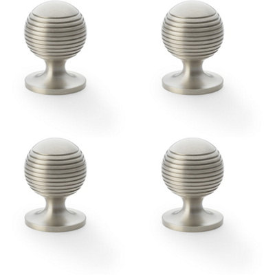 4 PACK - Reeded Ball Door Knob - 32mm Diameter Satin Nickel Lined Cupboard Pull Handle