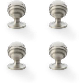 4 PACK - Reeded Ball Door Knob - 32mm Diameter Satin Nickel Lined Cupboard Pull Handle