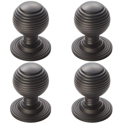 4 PACK - Reeded Ball Door Knob - 35mm Matt Black Lined Cupboard Pull Handle & Rose