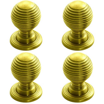4 PACK - Reeded Ball Door Knob - 35mm Polished Brass Lined Cupboard Pull Handle & Rose