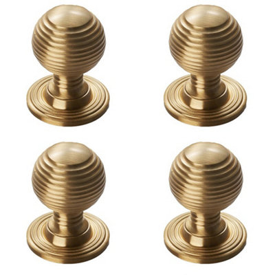 4 PACK - Reeded Ball Door Knob - 35mm Satin Brass Lined Cupboard Pull Handle & Rose