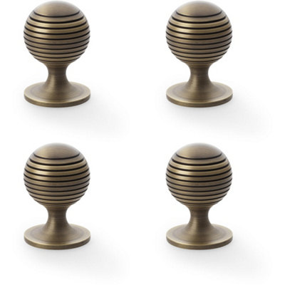 4 PACK - Reeded Ball Door Knob - 38mm Diameter Antique Brass Lined Cupboard Pull Handle