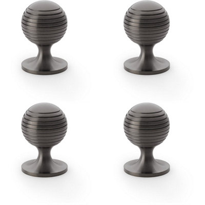 4 PACK - Reeded Ball Door Knob - 38mm Diameter Dark Bronze Lined Cupboard Pull Handle