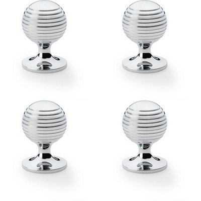 4 PACK - Reeded Ball Door Knob - 38mm Diameter Polished Chrome Lined Cupboard Pull Handle