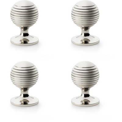 4 PACK - Reeded Ball Door Knob - 38mm Diameter Polished Nickel Lined Cupboard Pull Handle