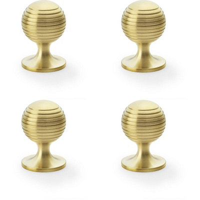 4 PACK - Reeded Ball Door Knob - 38mm Diameter Satin Brass Lined Cupboard Pull Handle