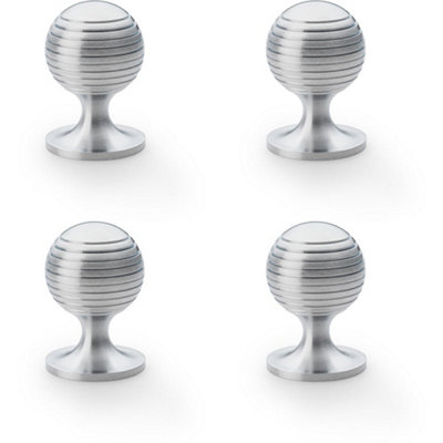 4 PACK - Reeded Ball Door Knob - 38mm Diameter Satin Chrome Lined Cupboard Pull Handle