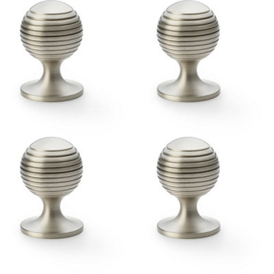 4 PACK - Reeded Ball Door Knob - 38mm Diameter Satin Nickel Lined Cupboard Pull Handle