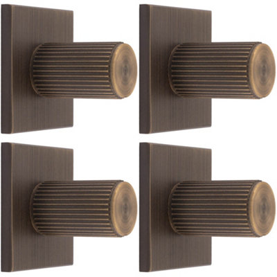 4 PACK - Reeded Cylinder Cabinet Door Knob & Matching Backplate Antique Brass 40 x 40mm