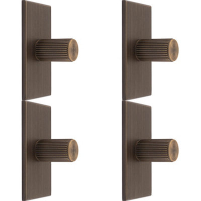 4 PACK - Reeded Cylinder Cabinet Door Knob & Matching Backplate Antique Brass 76 x 40mm