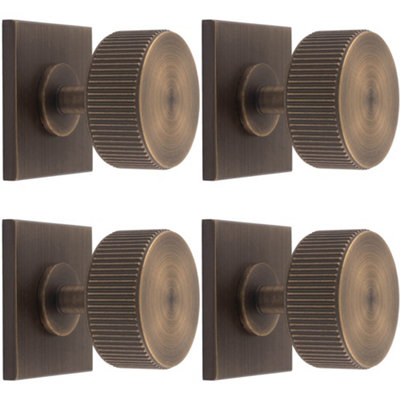 4 PACK - Reeded Radio Cabinet Door Knob & Matching Backplate - Antique Brass 40 x 40mm