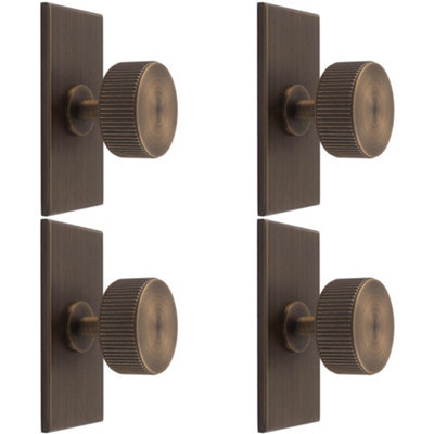 4 PACK - Reeded Radio Cabinet Door Knob & Matching Backplate - Antique Brass 76 x 40mm