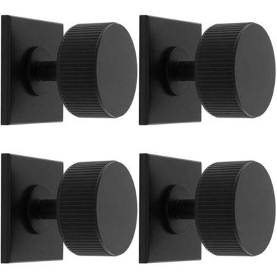 4 PACK - Reeded Radio Cabinet Door Knob & Matching Backplate Lined Matt Black 40 x 40mm