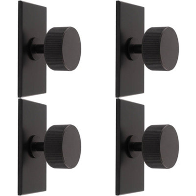 4 PACK - Reeded Radio Cabinet Door Knob & Matching Backplate Lined Matt Black 76 x 40mm