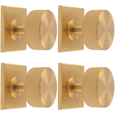 4 PACK - Reeded Radio Cabinet Door Knob & Matching Backplate Lined Satin Brass 40 x 40mm
