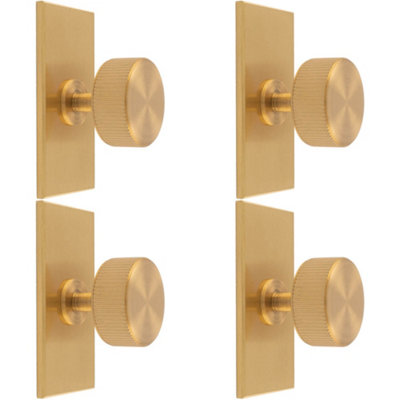 4 PACK - Reeded Radio Cabinet Door Knob & Matching Backplate Lined Satin Brass 76 x 40mm