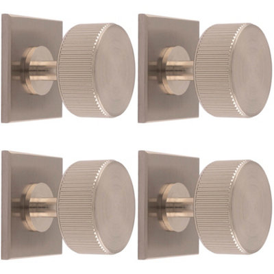 4 PACK - Reeded Radio Cabinet Door Knob & Matching Backplate Lined Satin Nickel 40 x 40mm