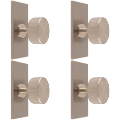 4 PACK - Reeded Radio Cabinet Door Knob & Matching Backplate Lined Satin Nickel 76 x 40mm