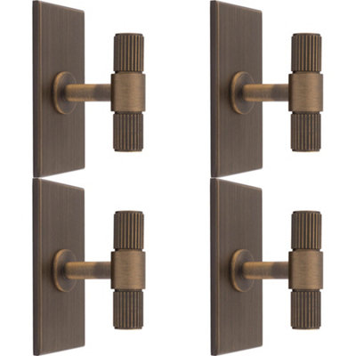4 PACK - Reeded T Bar Cabinet Door Knob & Matching Backplate - Antique Brass 76 x 40mm