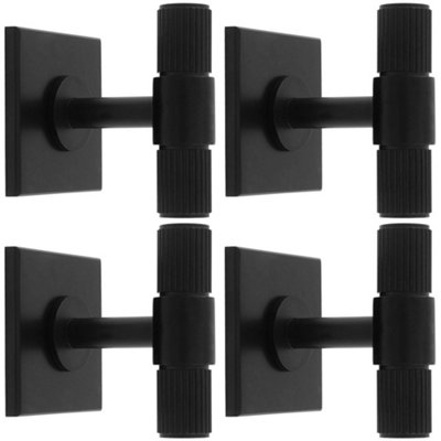 4 PACK - Reeded T Bar Cabinet Door Knob & Matching Backplate Lined Matt Black 40 x 40mm