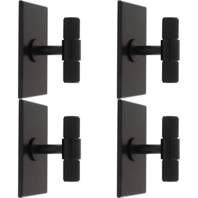 4 PACK - Reeded T Bar Cabinet Door Knob & Matching Backplate Lined Matt Black 76 x 40mm