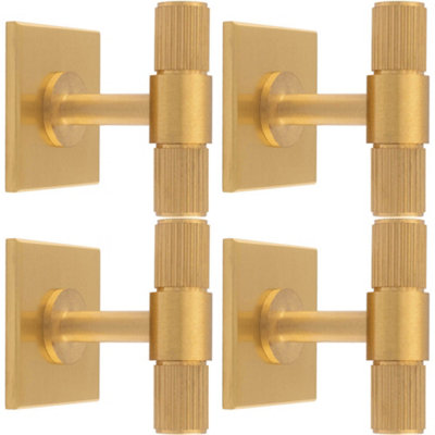 4 PACK - Reeded T Bar Cabinet Door Knob & Matching Backplate Lined Satin Brass 40 x 40mm