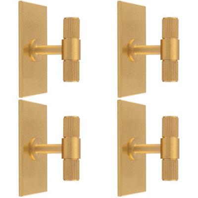 4 PACK - Reeded T Bar Cabinet Door Knob & Matching Backplate Lined Satin Brass 76 x 40mm