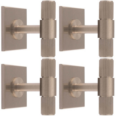 4 PACK - Reeded T Bar Cabinet Door Knob & Matching Backplate Lined Satin Nickel 40 x 40mm