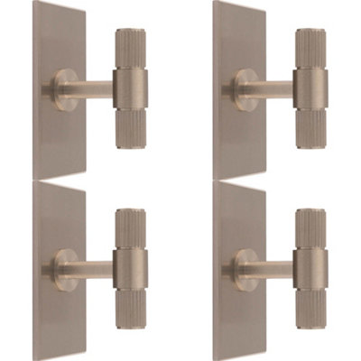 4 PACK - Reeded T Bar Cabinet Door Knob & Matching Backplate Lined Satin Nickel 76 x 40mm