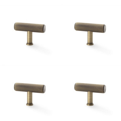 4 PACK - Reeded T Bar Cupboard Door Knob - 55mm x 38mm Antique Brass Lined Pull Handle