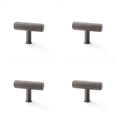4 PACK - Reeded T Bar Cupboard Door Knob - 55mm x 38mm Dark Bronze Lined Pull Handle
