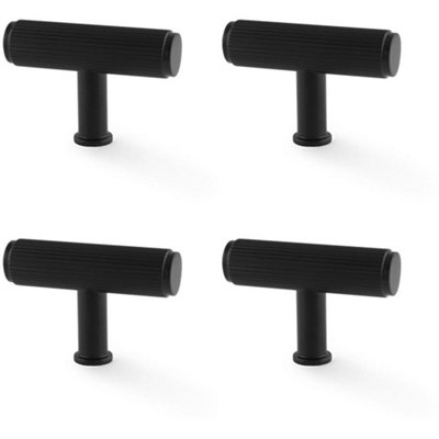 4 PACK - Reeded T Bar Cupboard Door Knob - 55mm x 38mm Matt Black Lined Pull Handle