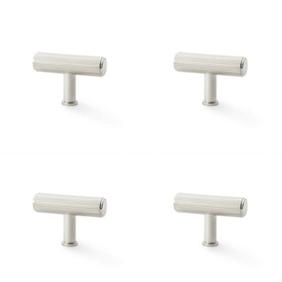 4 PACK - Reeded T Bar Cupboard Door Knob - 55mm x 38mm Polished Nickel Lined Pull Handle