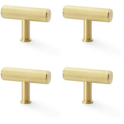 4 PACK - Reeded T Bar Cupboard Door Knob - 55mm x 38mm Satin Brass Lined Pull Handle