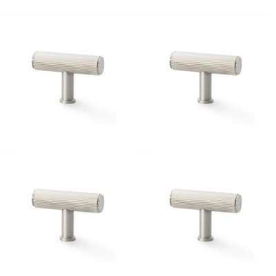 4 PACK - Reeded T Bar Cupboard Door Knob - 55mm x 38mm Satin Nickel Lined Pull Handle