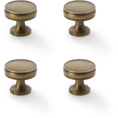 4 PACK - Round Fluted Door Knob - 32mm Diameter Antique Brass Retro Cupboard Pull Handle