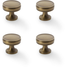 4 PACK - Round Fluted Door Knob - 32mm Diameter Antique Brass Retro Cupboard Pull Handle