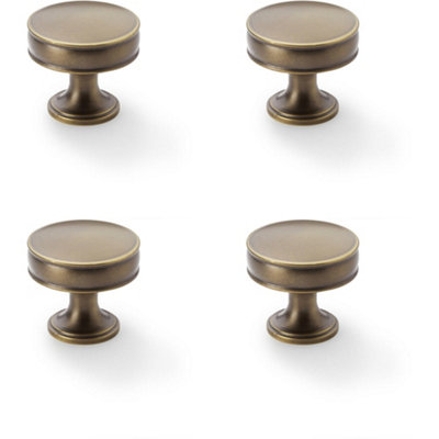 4 PACK - Round Fluted Door Knob - 38mm Diameter Antique Brass Retro Cupboard Pull Handle