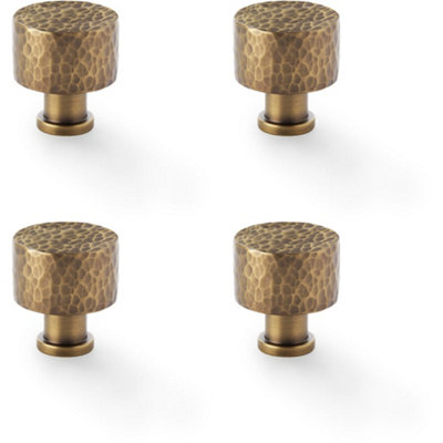 4 PACK - Round Hammered Door Knob - Antique Brass 30mm Diameter Cupboard Pull Handle