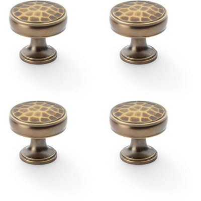 4 PACK - Round Hammered Door Knob - Antique Brass 32mm Diameter Cupboard Pull Handle