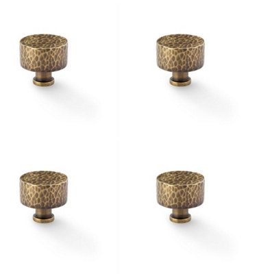 4 PACK - Round Hammered Door Knob - Antique Brass 35mm Diameter Cupboard Pull Handle
