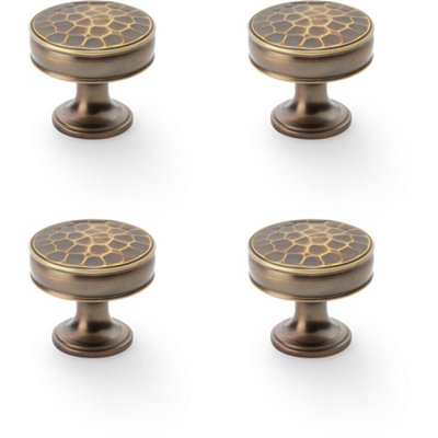 4 PACK - Round Hammered Door Knob - Antique Brass 38mm Diameter Cupboard Pull Handle