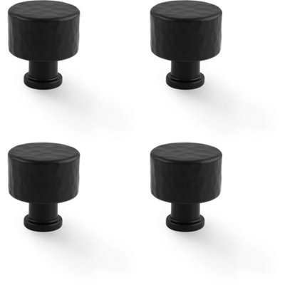 4 PACK - Round Hammered Door Knob - Matt Black 30mm Diameter Cupboard Cabinet Pull Handle