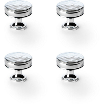4 PACK - Round Hammered Door Knob - Polished Chrome 38mm Diameter Cupboard Pull Handle